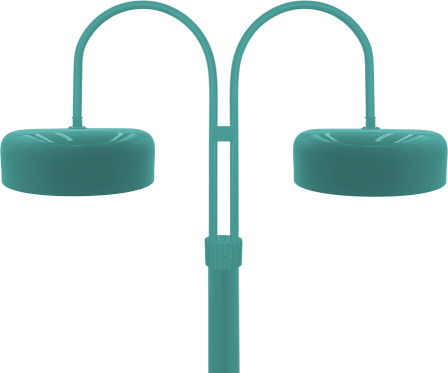 Primelite #11037/16-1864 twin-arm post light fixture with two 15½" RLM shades on a 3-inch post fitter