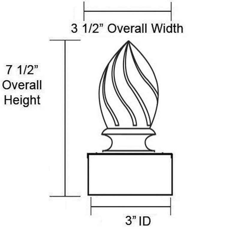 Olympic Flame post cap finial dimensions diagram for 3 inch diameter pole – 7.5 inch height