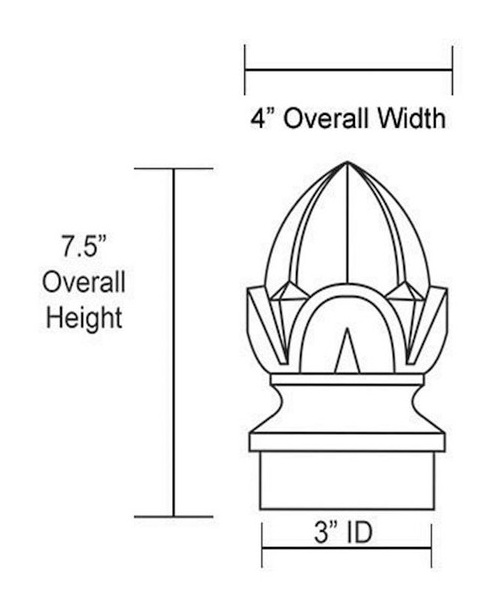 Acorn post cap finial dimensions diagram for 3 inch diameter pole – 7.5 inch height 4 inch width