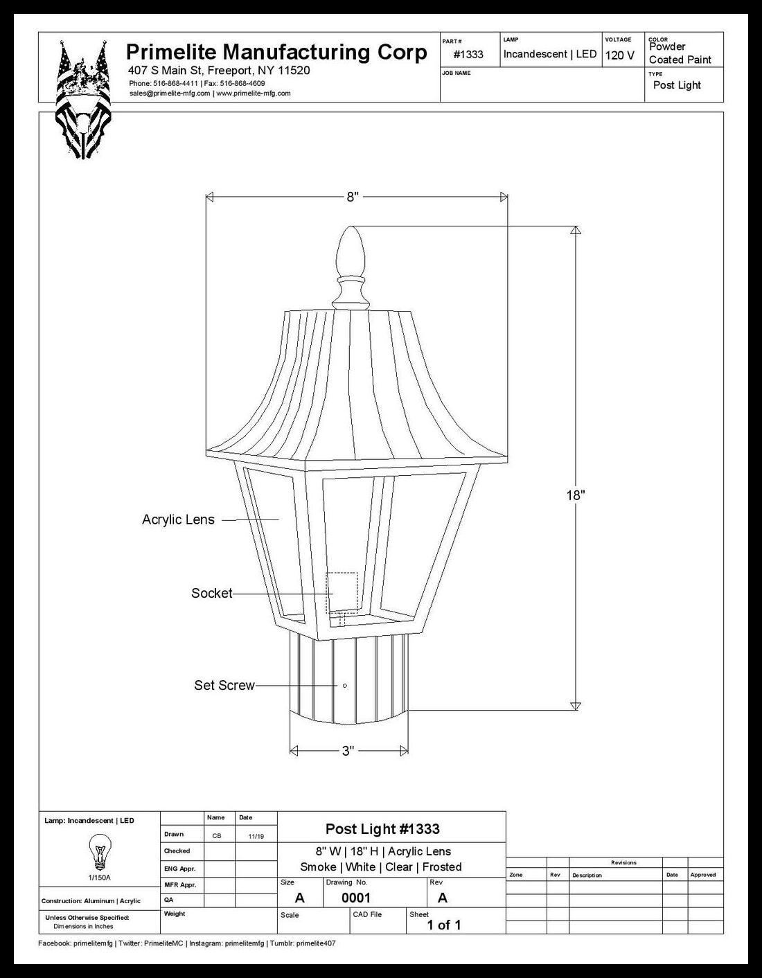 Cast Aluminum 18" x 8" Lantern Post Light - Image 2