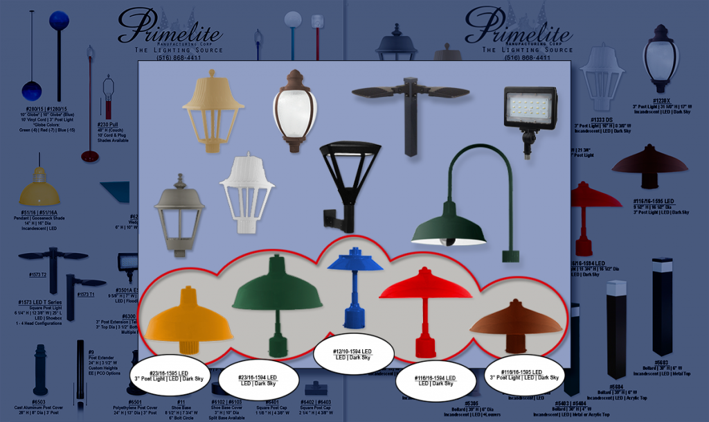 Our hand-spun post lights, each piece handmade on-site, featuring three of our exclusive shades, #12, #23, and #116