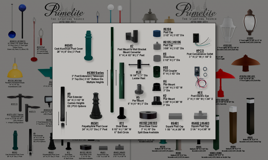 The lower section of page W01 is a showcase of our cutting-edge innovations in exterior post light accessories