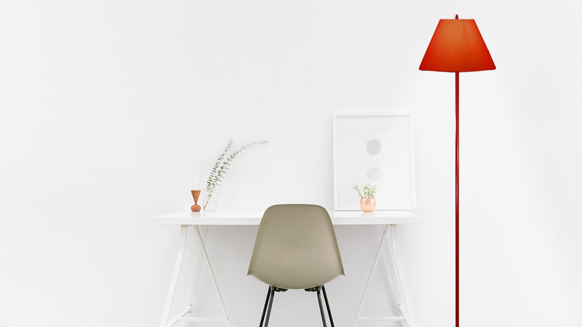 In a white room with bright colors