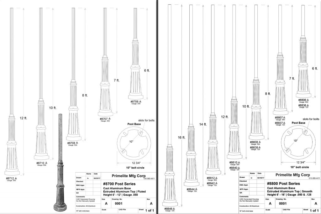 Cast Aluminum Posts #8700 & #8800 Technical Drawing